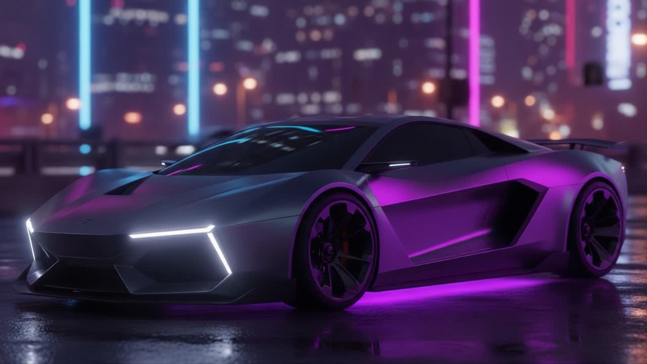 A Sleek, Futuristic Sports Car Glowing with Neon Lights in a Vibrant Urban Setting on a Rain-Soaked Night, Showcasing Stunning Design and Innovation