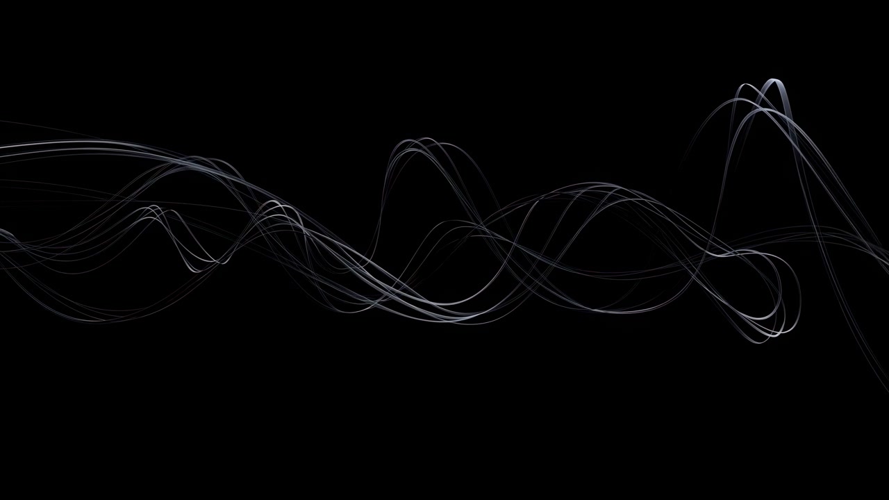 Sfondo nero con forme d'onda bianche che scorrono, linee sinuose ondeggiano come uno spettro audio attraverso lo spazio negativo