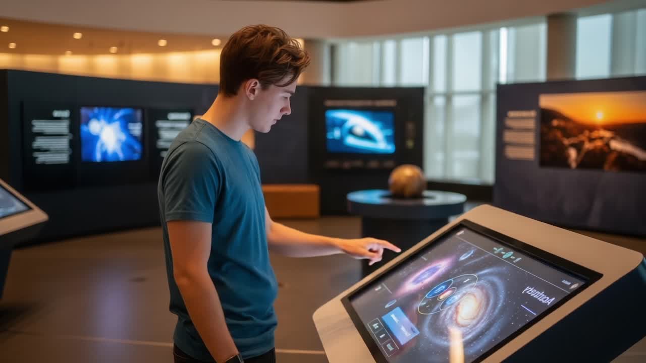 Engaged Exploration: A Young Visitor Interacts with an Interactive Touchscreen Display in a Science Exhibition, Discovering Cosmic Phenomena and Astronomy