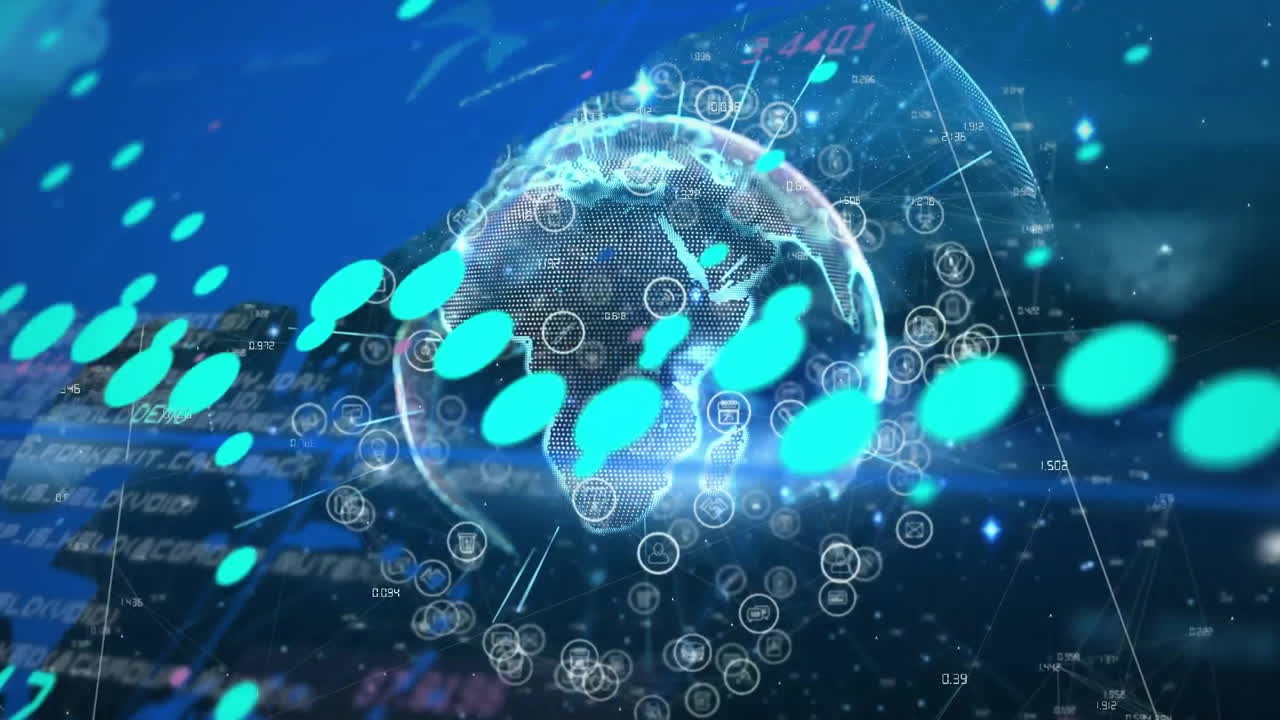 검은색 배경에 데이터 처리 및 세계 지도와 함께 지구의 애니메이션