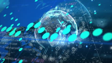 animation of globe with data processing and world map on black background