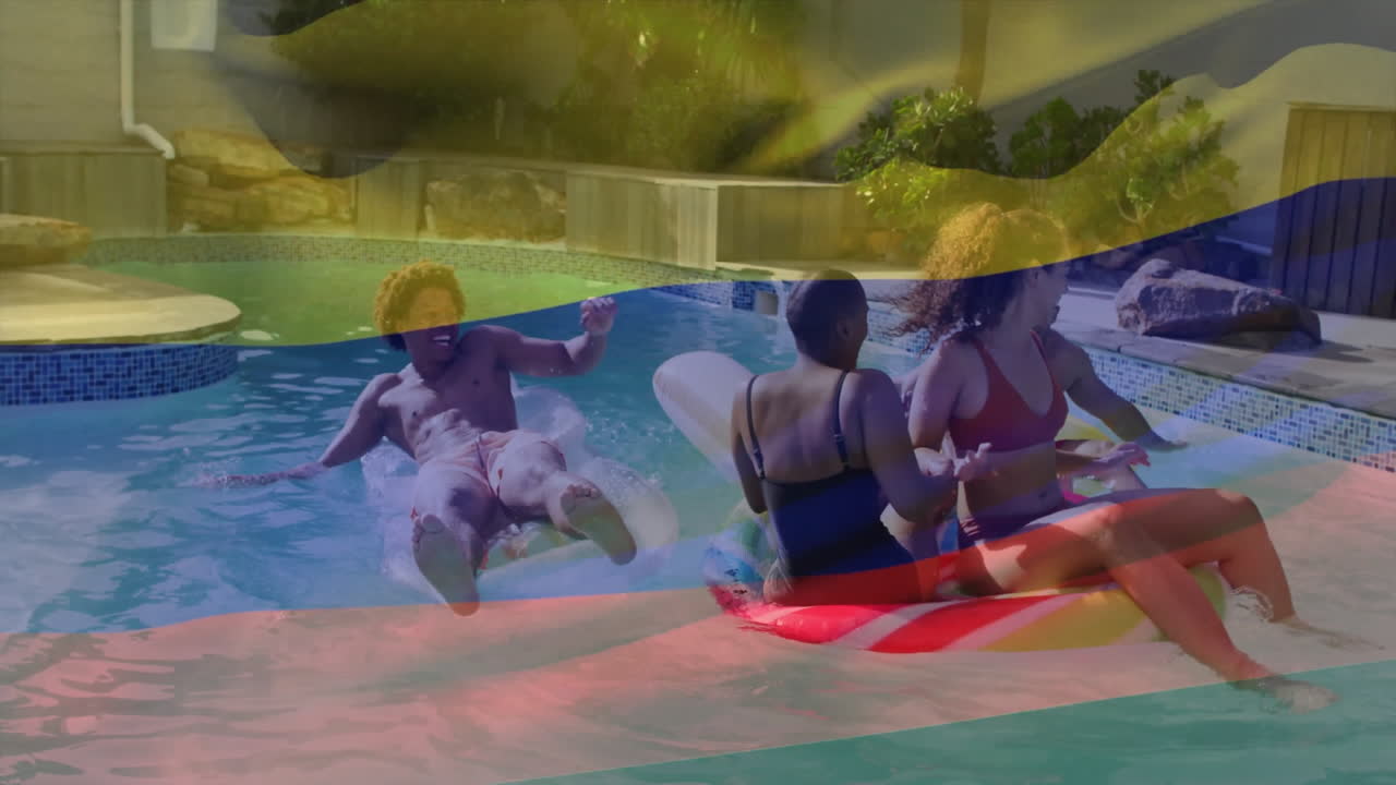 People enjoying pool on inflatable floats with colorful animation overlay