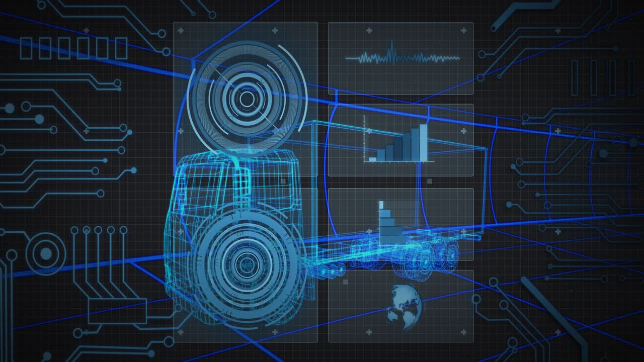 Wireframe truck model materializing on grid while HUD panels animating data for diagnostics