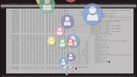 animación de personas de las redes sociales iconos digitales sobre el procesamiento de datos en la pantalla de la computadora