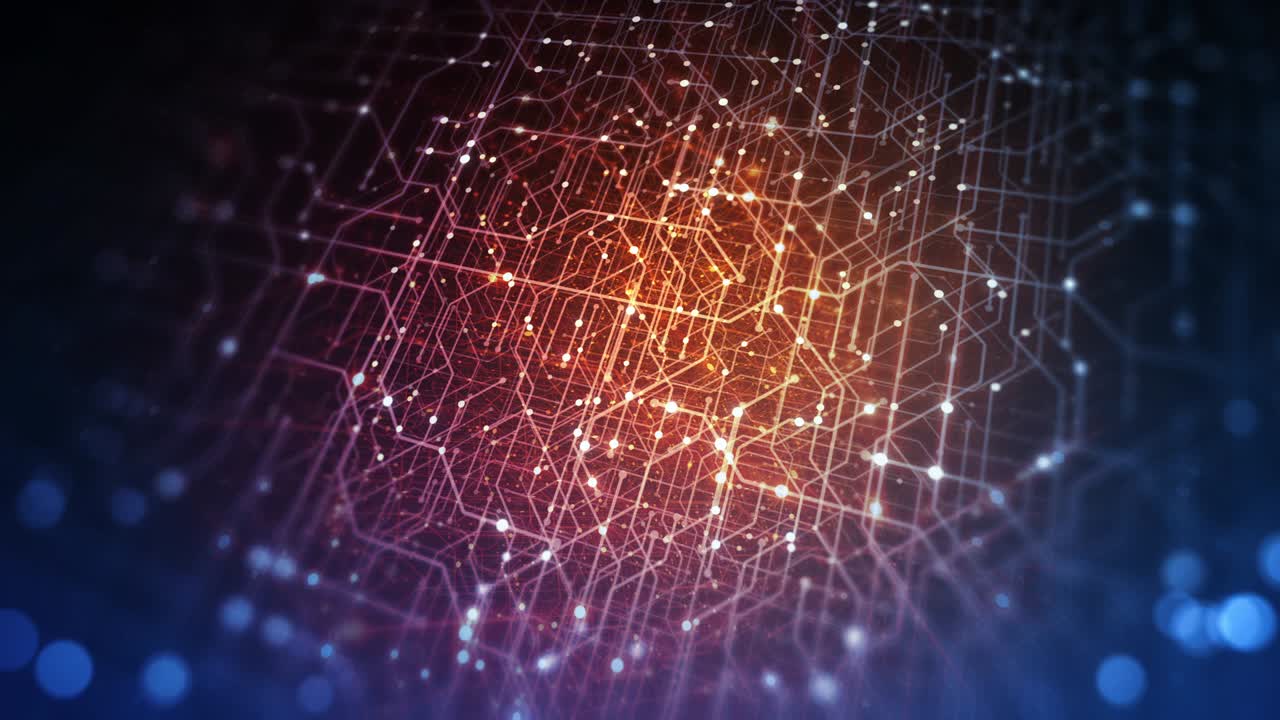 fondo tecnológico abstracto hecho de placa de circuito impreso. profundidad de efecto de campo y bokeh. conexiones a internet, computación en la nube y red neuronal, big data. renderizado en 3d, bucle sin costuras en 4k