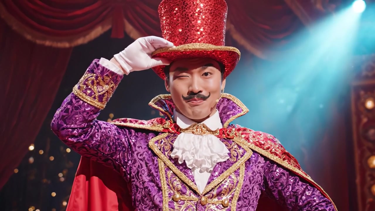 En bländande showman i livfull klädsel fängslar publiken med en karismatisk föreställning, komplett med en glittrande hatt och majestätisk cape.