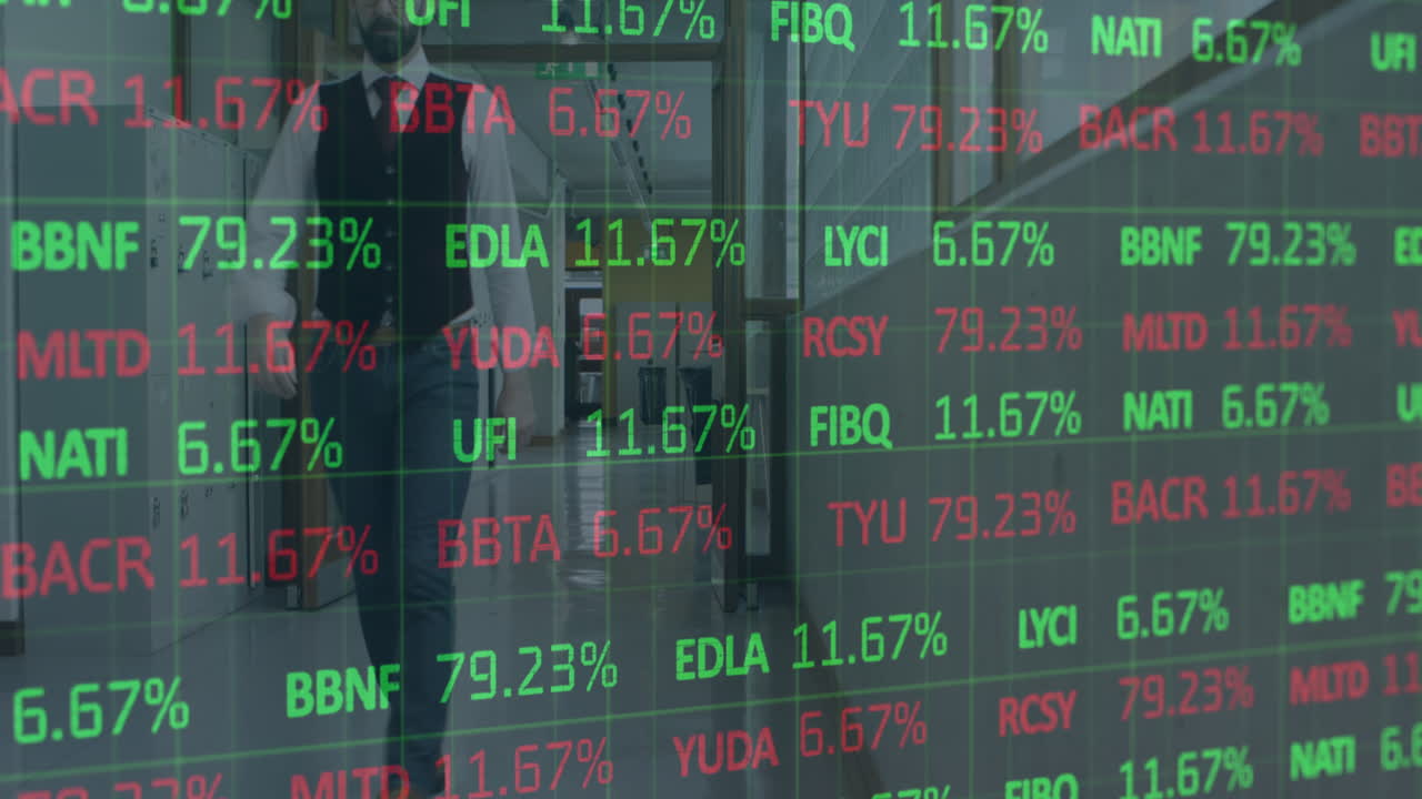 Animazione di elaborazione di dati finanziari su un uomo d'affari caucasico.