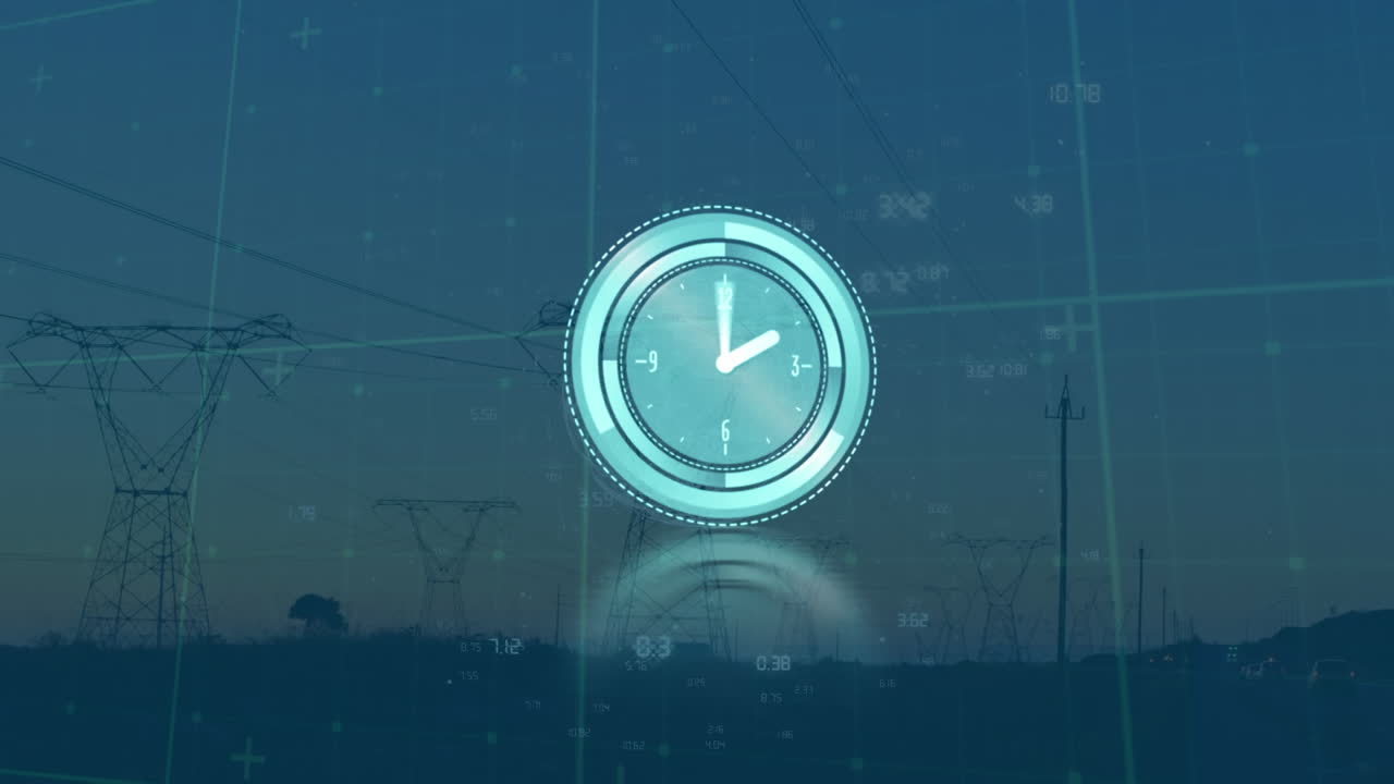 Animation of clock moving over data processing over empty office