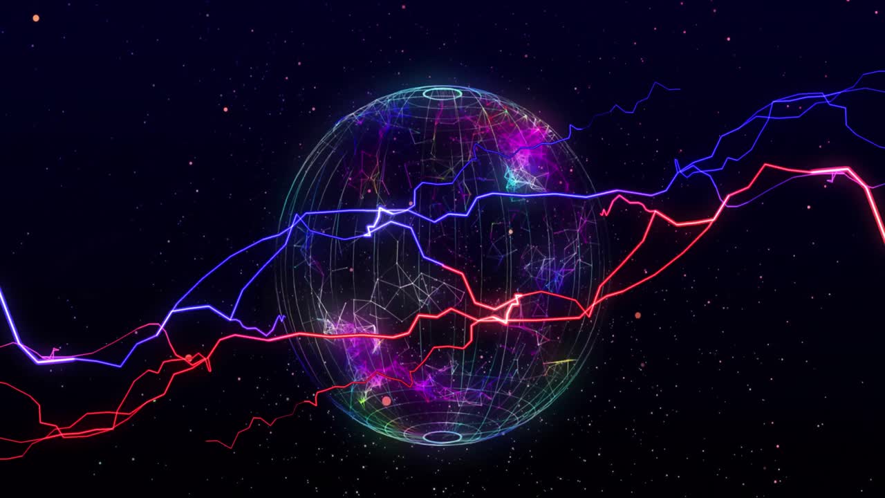 검은색에 빛나는 글로벌 네트워크를 통해 빨간색과 파란색의 전기 전류의 애니메이션