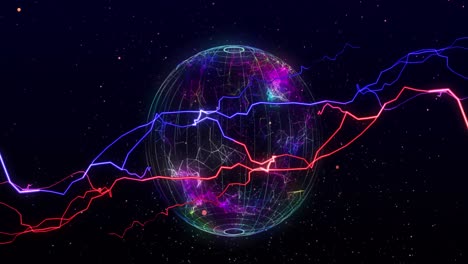 Animation-of-red-and-blue-electrical-currents-over-glowing-global-network-on-black