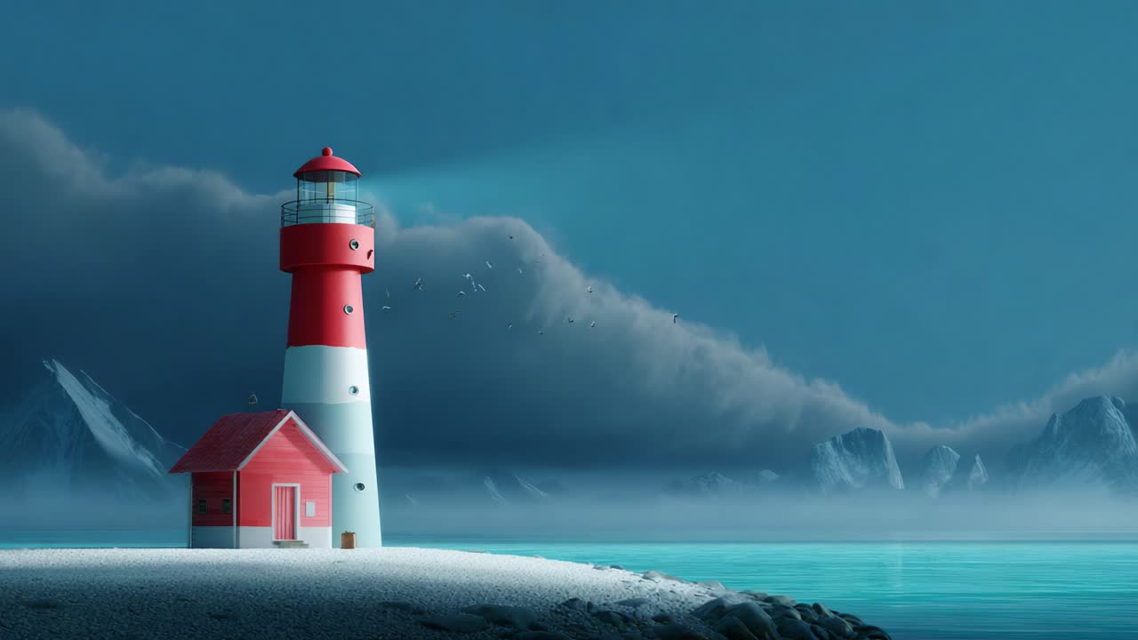 A serene coastal scene featuring a vibrant lighthouse illuminating the misty waters, surrounded by distant mountains under a cloudy sky, showcasing the beauty of nature and maritime elements in a tranquil atmosphere