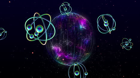 animación de modelos atómicos girando y globo con fondo negro
