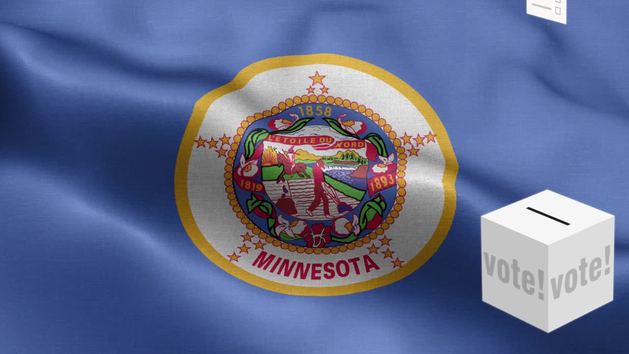 estado de minnesota - las papeletas de votación vuelan a la caja para la selección de minnesota - caja de votación frente a la bandera - elección - voto - bandera nacional del estado de minnesota patrón de onda elementos en bucle - textura de tela y bucle sin fin - bandera en bucle del estado de minnesota