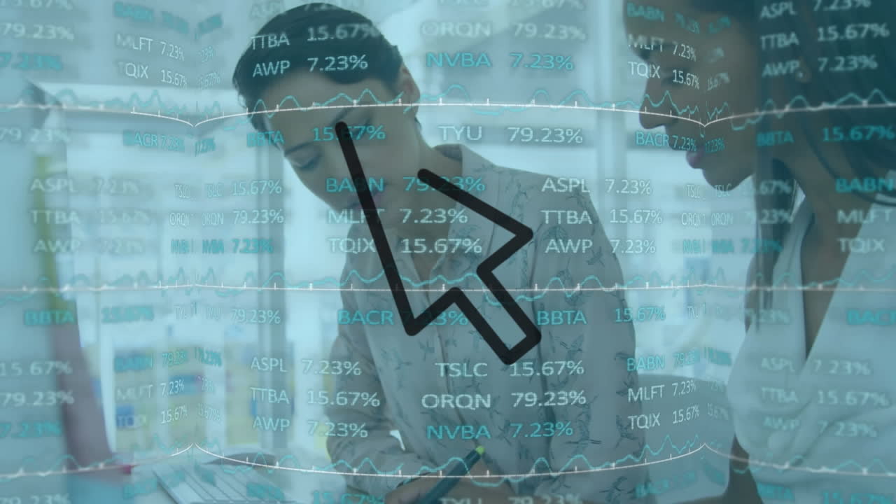 Animation of data processing over diverse business people in office