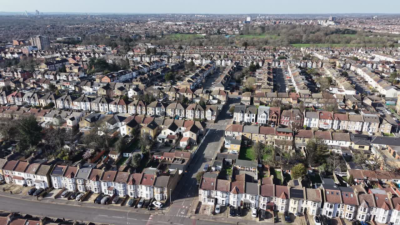 Rows of houses Ilford East London UK Panning drone aerial 4K footage