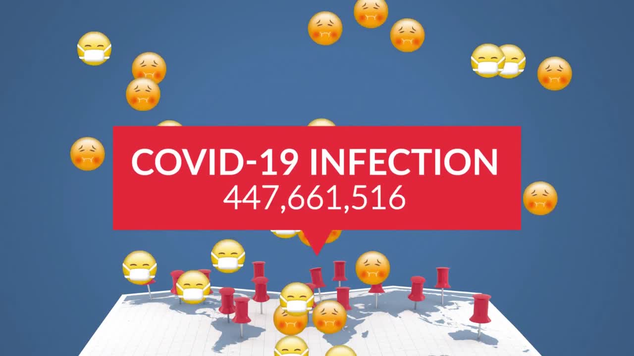 코로나19 감염이라는 단어와 함께 늘어나는 숫자가 파란색 배경에 날아다니는 이모지 그룹 위에 쓰여져 있습니다.