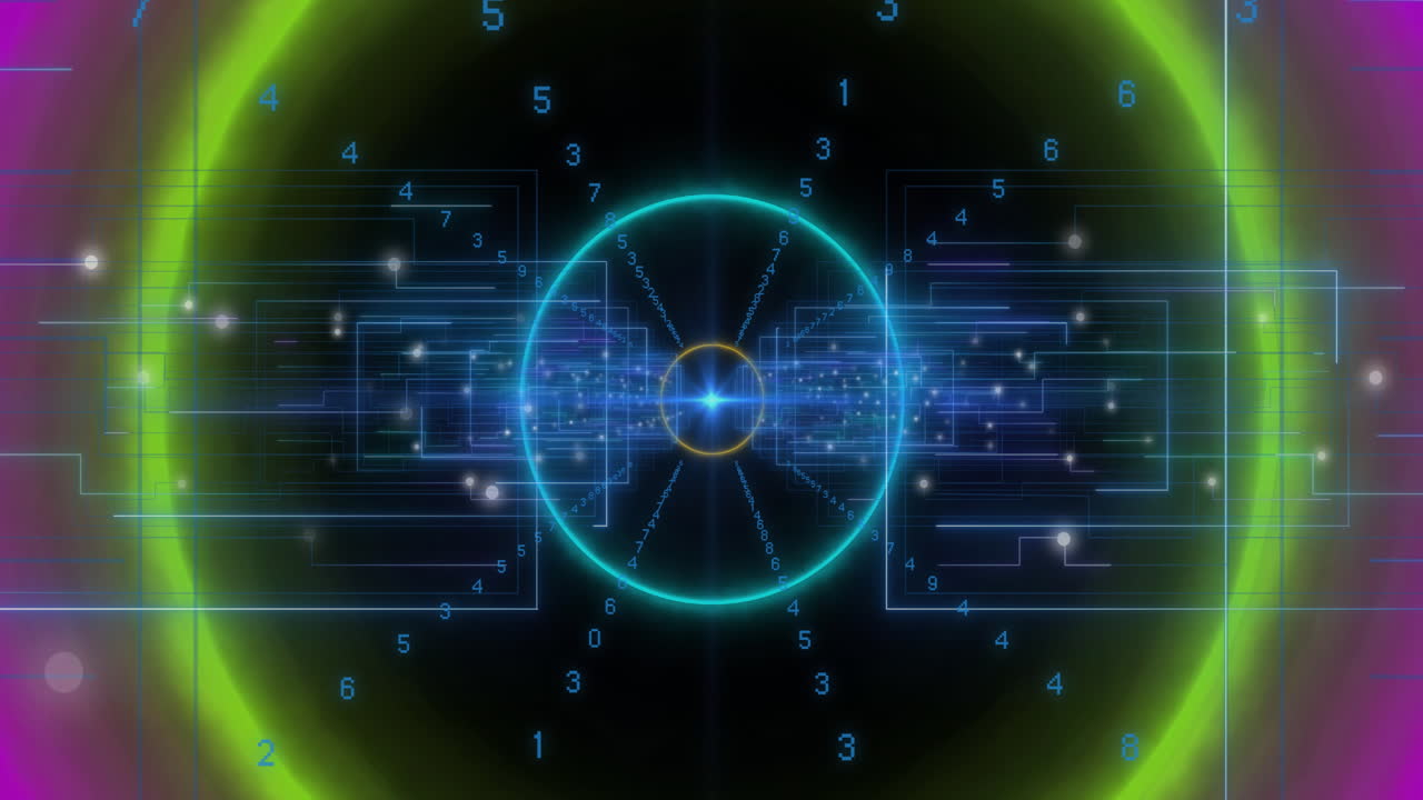 Animation of data processing over neon circles moving