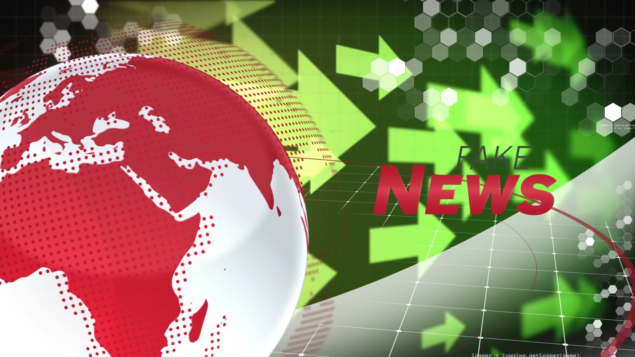 Animation of globe with fake news text and data processing over arrows