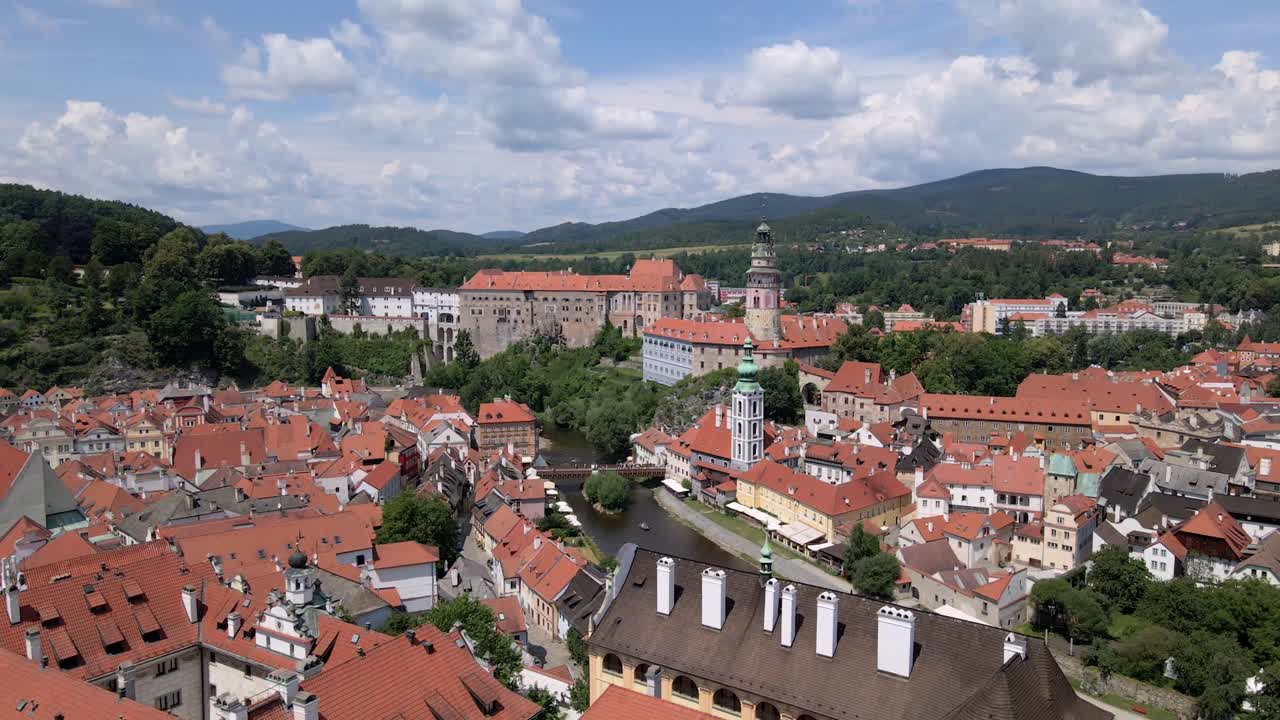 Breathtaking drone view of Cesky Krumlov with historic buildings and river in South Bohemia