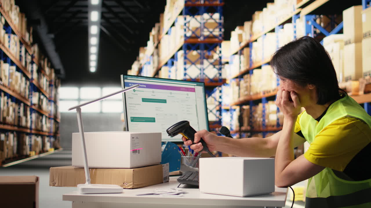 Vertical Video Male worker in hi vis vest falling asleep scanning shipping labels