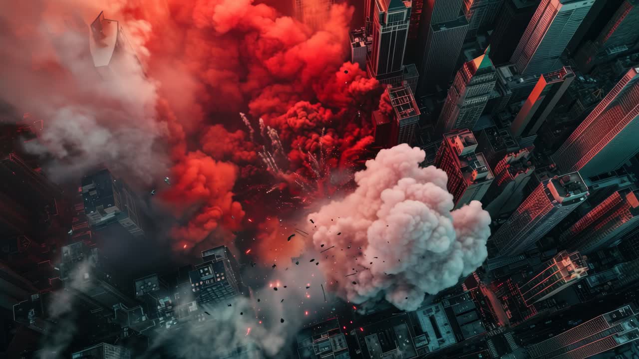 Vista aerea di un paesaggio urbano avvolto da fumo bianco e rosso, per un video cinematografico e spettacolare