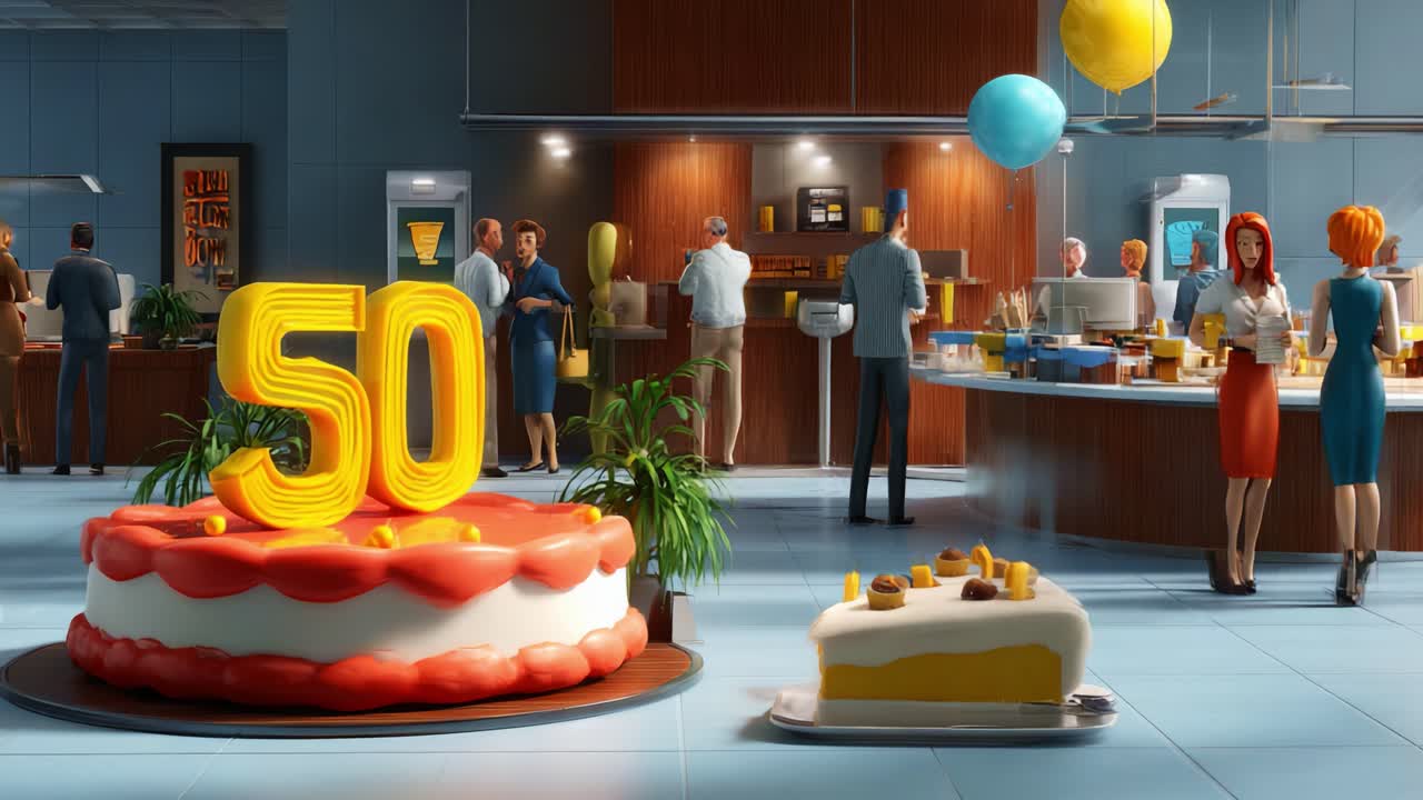 A festive celebration scene showcasing a vibrant 50th birthday party with an eye-catching cake, balloons, and a lively atmosphere filled with cheerful guests enjoying the festivities