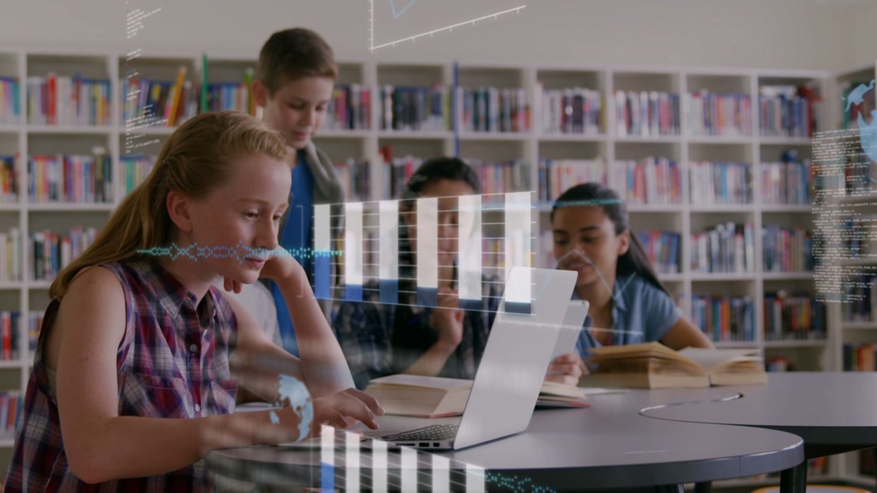 Seated girl typing on laptop activating AR overlays appearing, peers leaning and pointing, studying