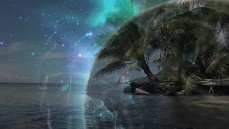 glowing light effects illuminating tropical island with palm trees under starry sky