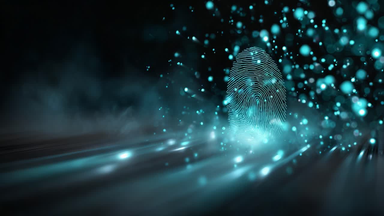Abstract representation of a fingerprint with glowing particles in a mystical environment, emphasizing privacy, security, and digital identity in a modern world
