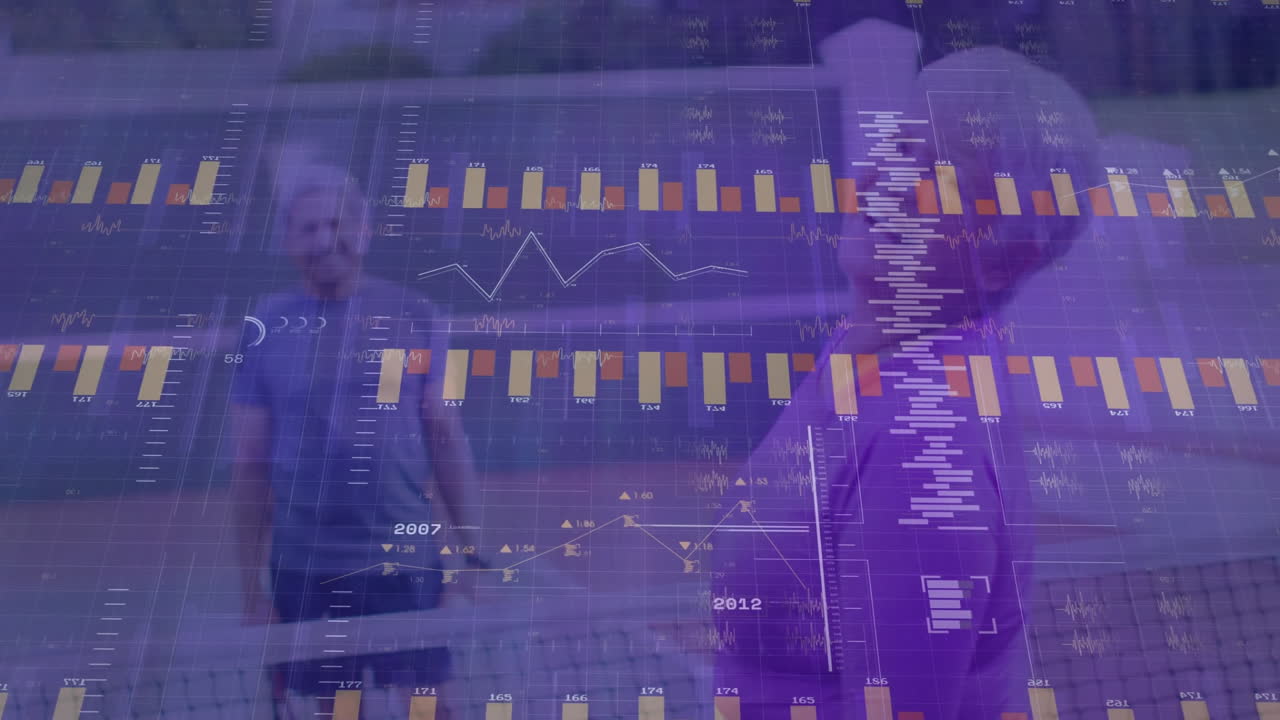 Senior man and woman playing tennis outdoor court, displaying financial bar graphs and line charts