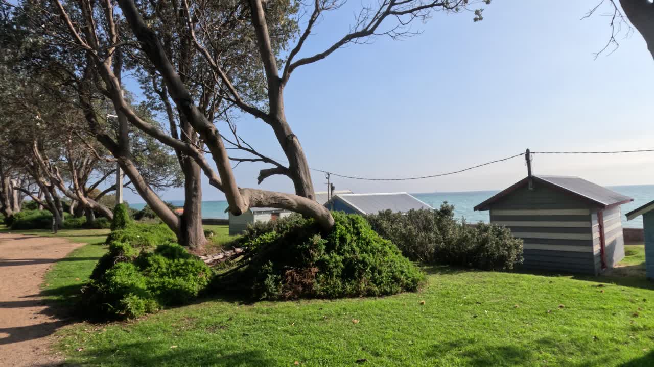 Scenic view of beach boxes and foreshore