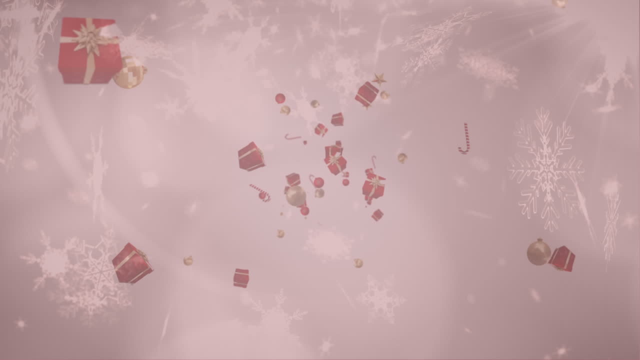 크리스마스 선물, 사탕 막대기 및 snowflakes에 대한 baubles 회색 배경에 떨어지는