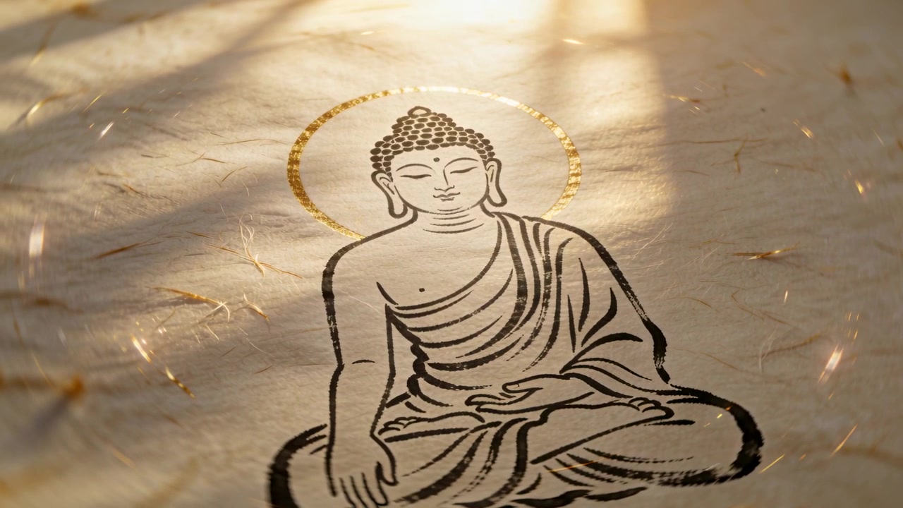 Luce della finestra che si estende mostrando un Buddha seduto su carta fatta a mano, proiettando ombre, illuminando un'aureola dorata.