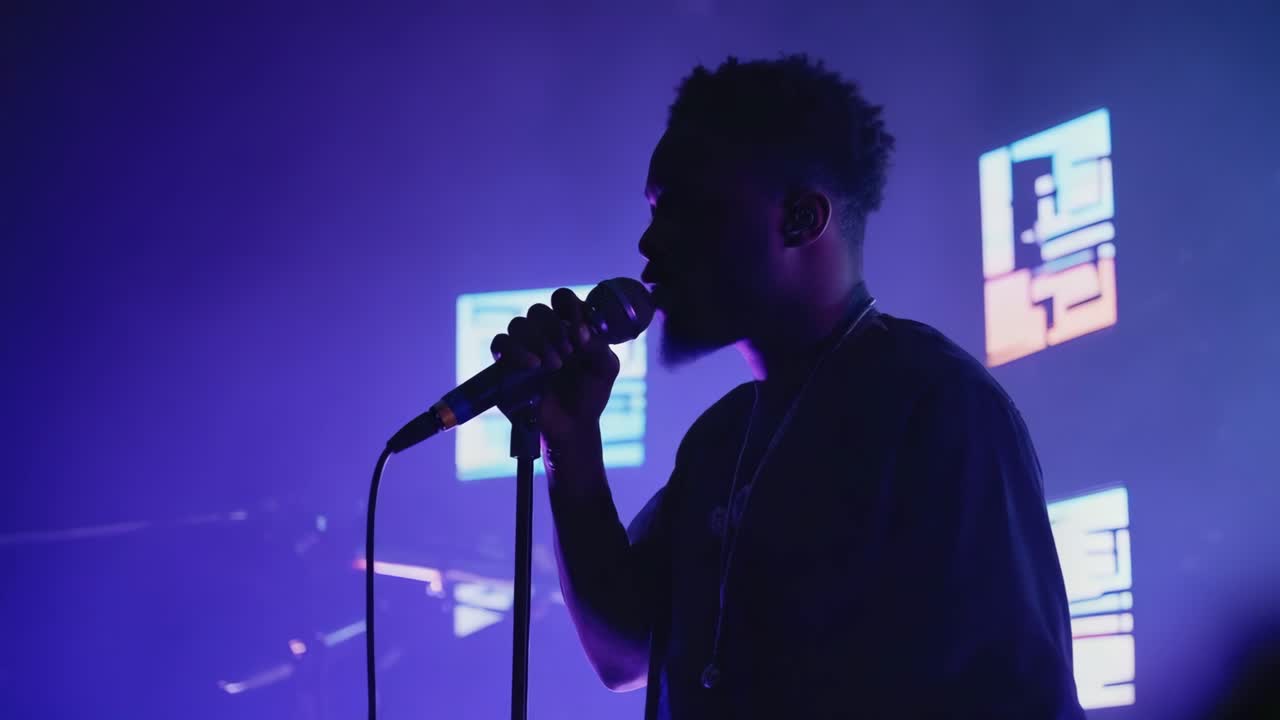 hombre cantando en un micrófono en el escenario
