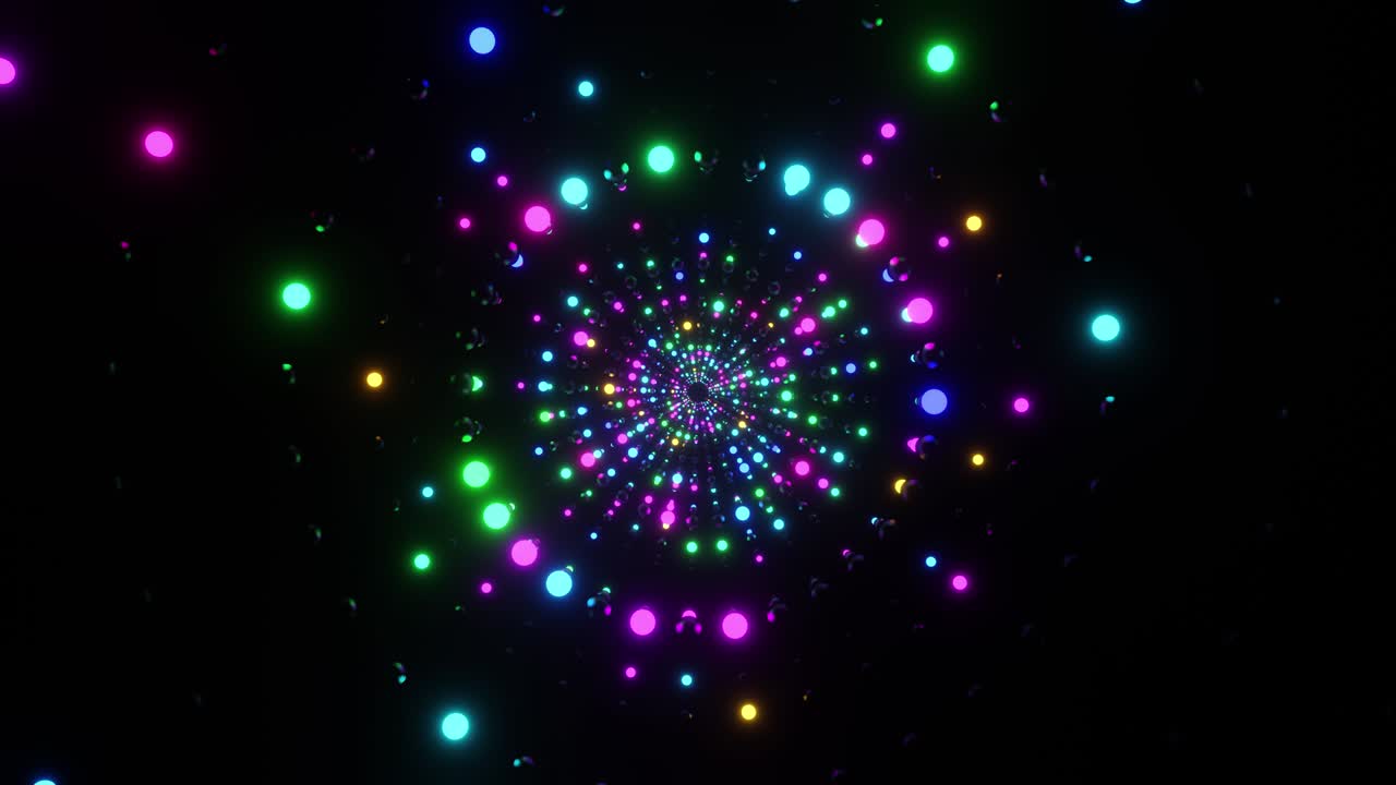 우주에서 날아다니는 다채로운 네온 공의 애니메이션.
