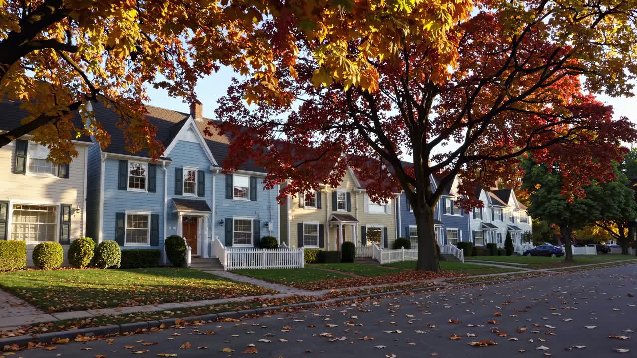 A picturesque suburban street in autumn, captured at eye-level. Vibrant leaves on trees and ground