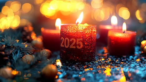 A lit candle with the number 2025 written on it. The candles are surrounded by pine cones and other decorations