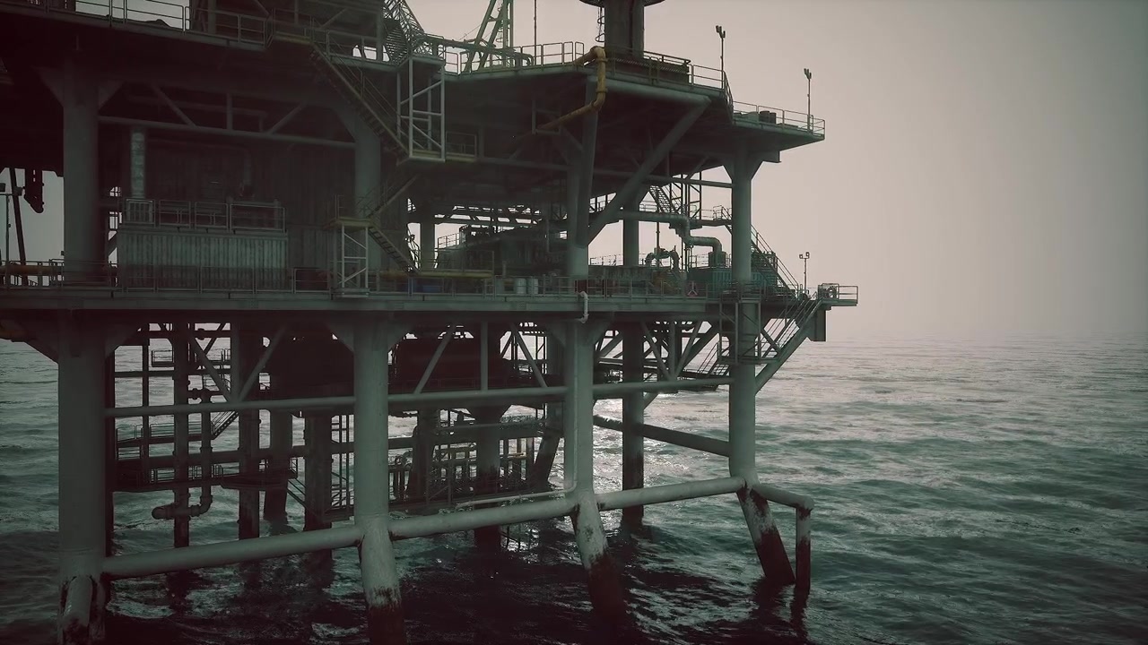 Oil rig standing strong against the vast ocean in early morning mist