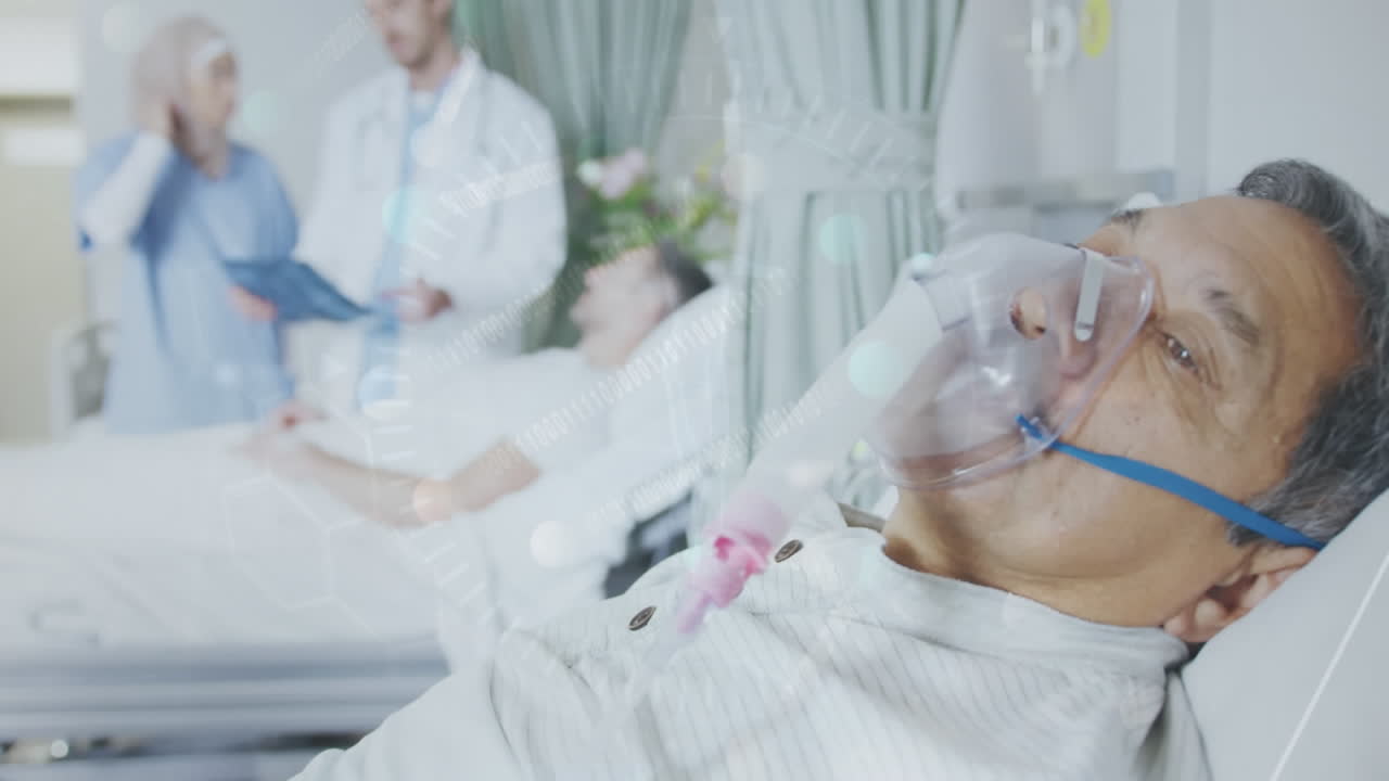 animación del procesamiento de datos y las conexiones sobre un paciente masculino biracial con máscara de oxígeno