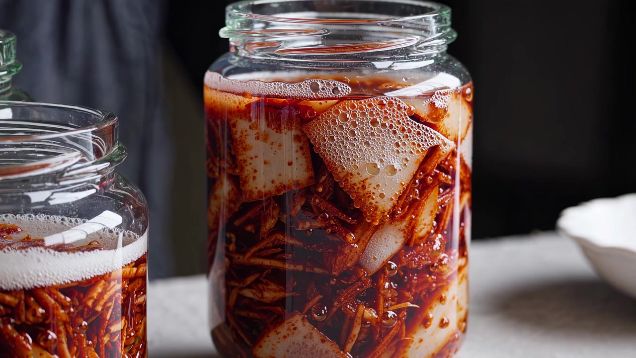 Assortiment de kimchi coréen traditionnel et de légumes fermentés dans des bocaux en verre