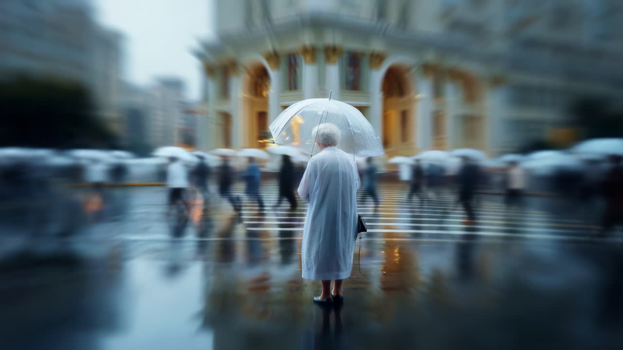 A solitary figure stands under an umbrella amidst a bustling crowd on a rainy day, embodying both isolation and resilience in a blur of urban activity and poignant reflection