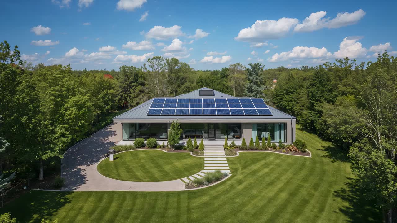 Approaching drone capturing single-story house over wooded lot, highlighting solar panel array