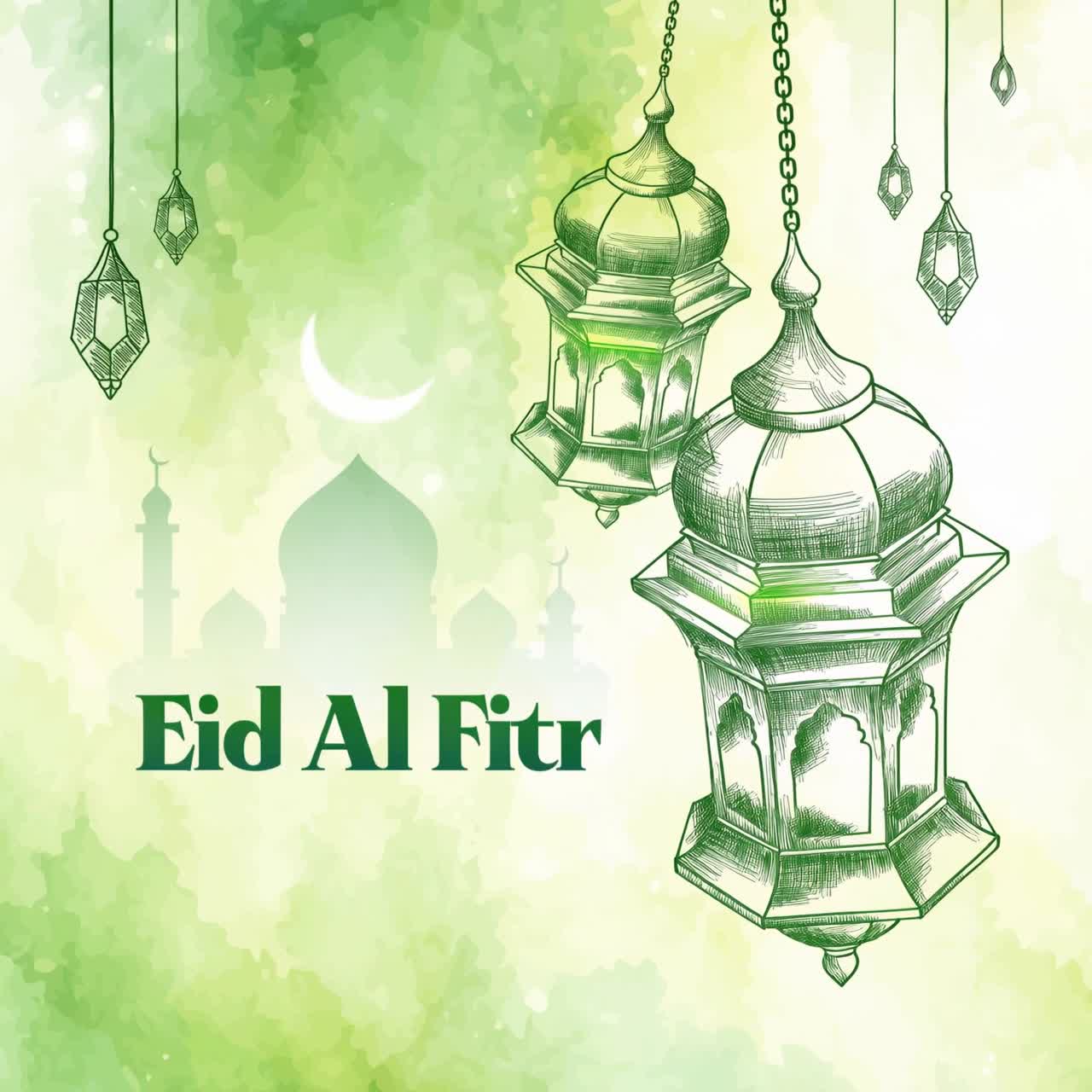 Animazione di auguri per Eid al-Fitr Mubarak con motivi geometrici islamici e decorazioni delicate su sfondo verde chiaro fresco