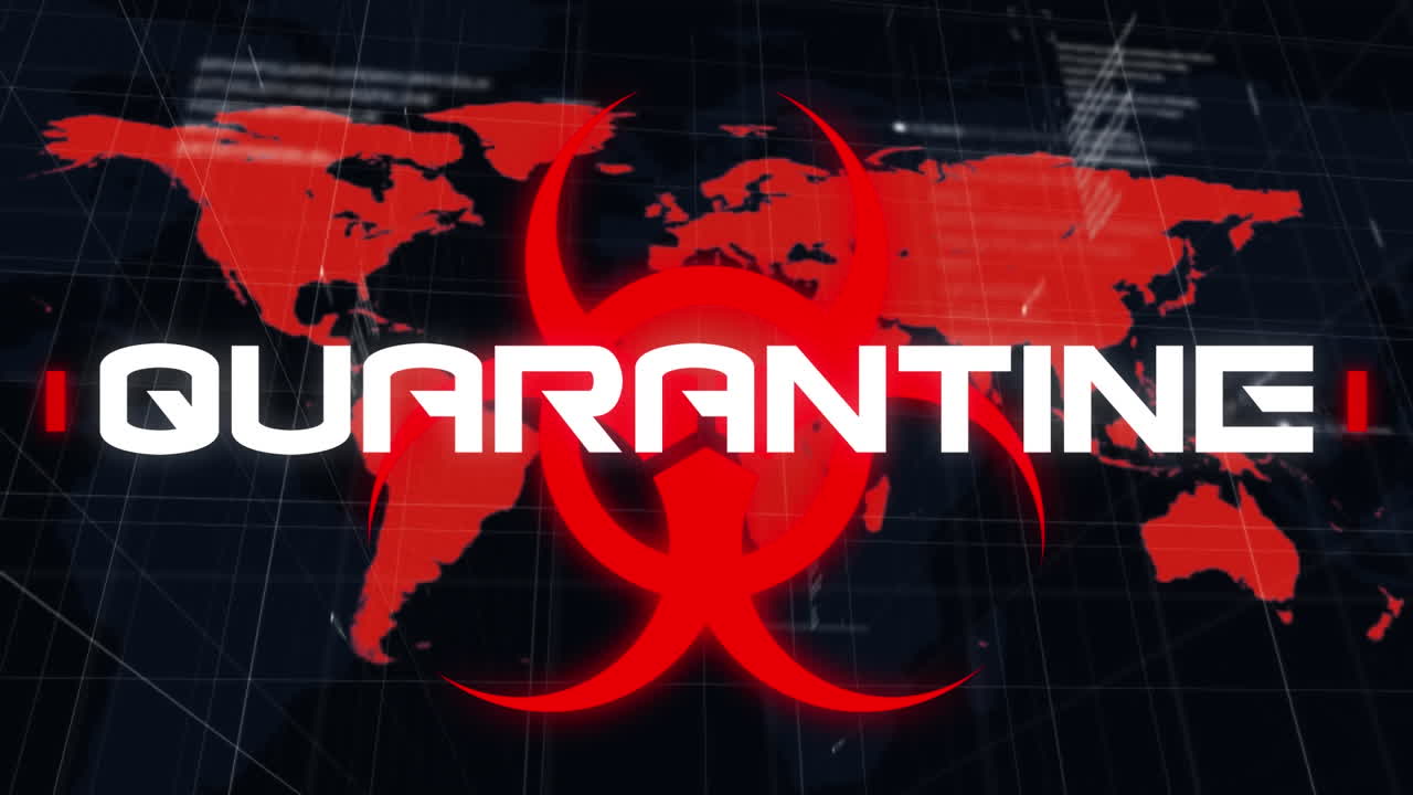 animación del texto de covid 19 y el símbolo de riesgo biológico sobre el mapa del mundo