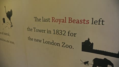 cartello della torre di londra &quot;l'ultima bestia reale lasciò la torre nel 1832 per il nuovo zoo di londra&quot;