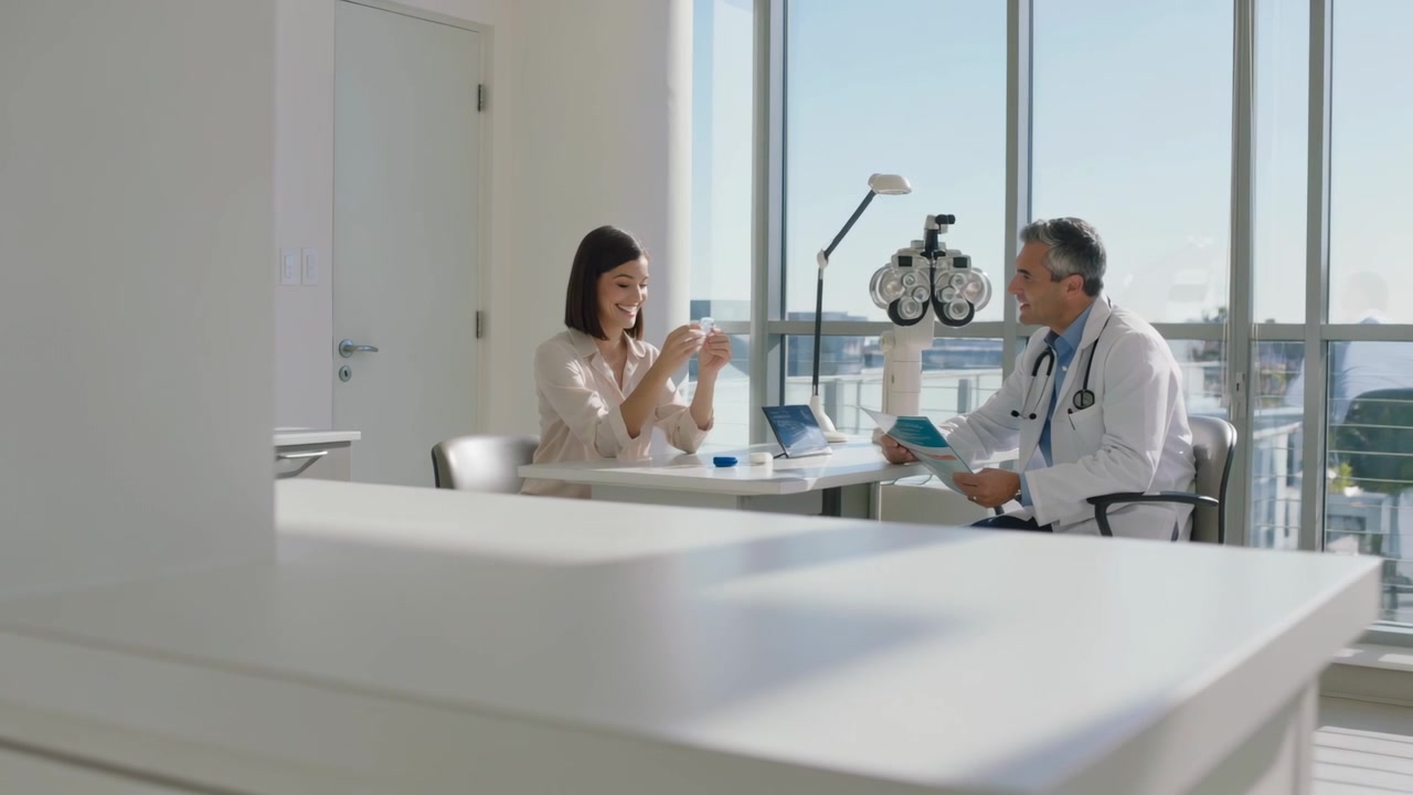 Paciente inspeccionando una botella y bebiendo un sorbo para demostrar su uso en la clínica, siguiendo las instrucciones del médico, con bata blanca.