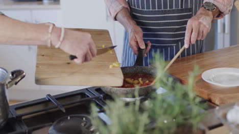 middle aged caucasian couple preparing meal, cooking in kitchen at home, slow motion