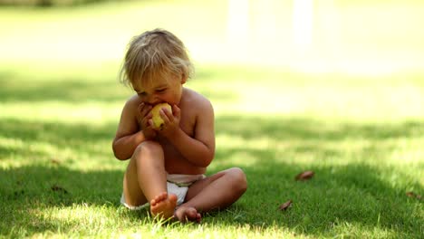 candid portrait of infant toddler eating pear fruit outside while sitting in the grass outdoors - 4k clip resolution