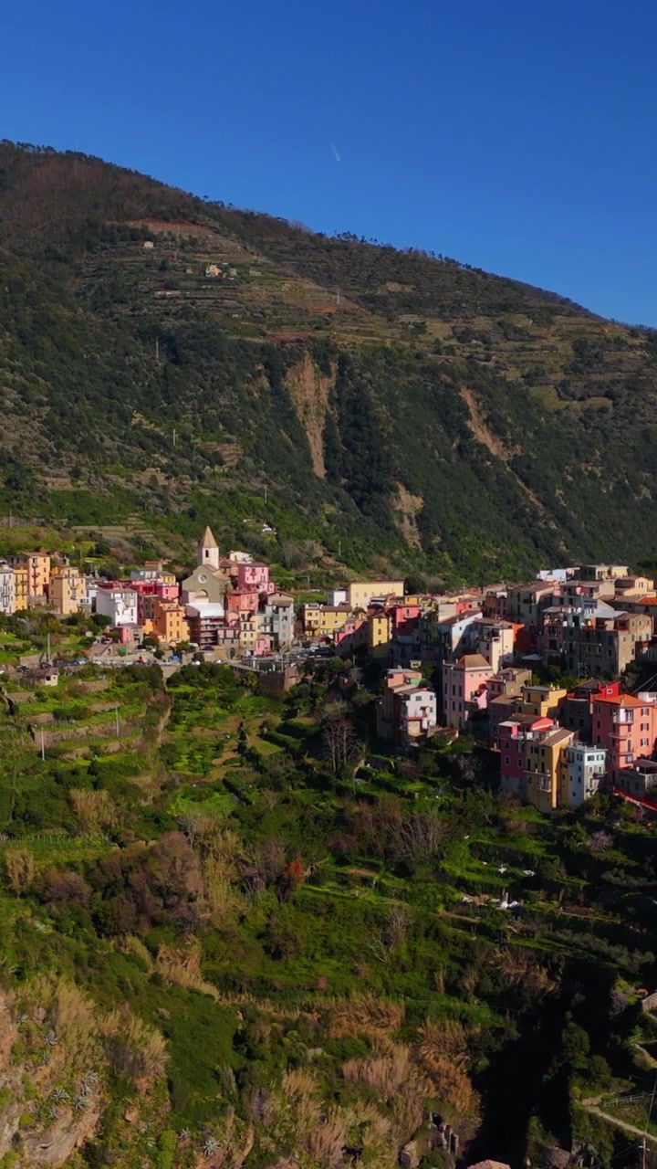 Vista vertical de dron de Manarola con casas coloridas en acantilados de ladera en Cinque Terre, Italia, paisajes mediterráneos pintorescos