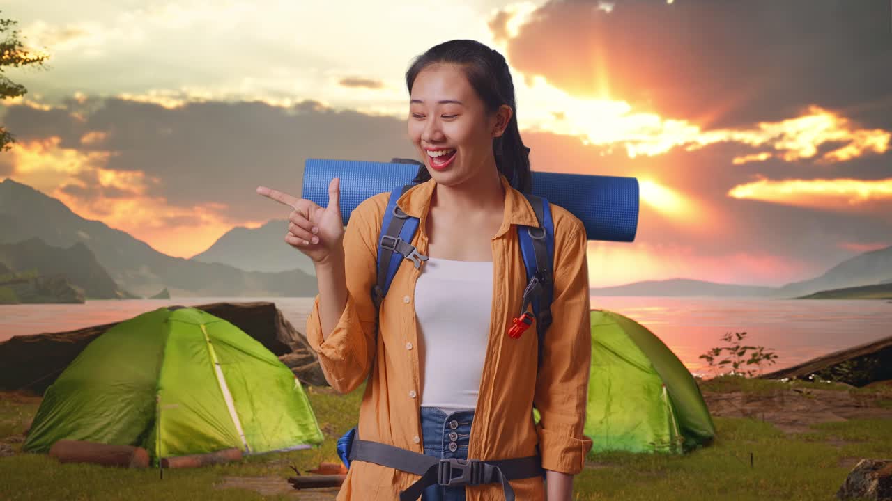 Happy Woman Camping at Sunset